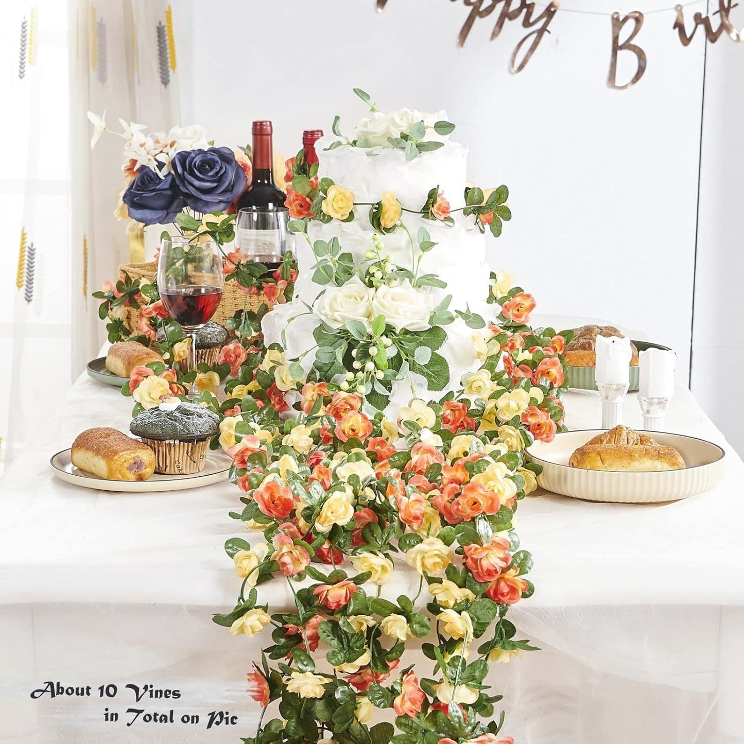 6 Pcs x 8.2 ft Flower Garland Artificial Rose Vine Flowers with Green Leaves Hanging Fake Roses Vine for Room Party Home Wedding Birthday Christmas Wall Arch Decor, Champagne Flower