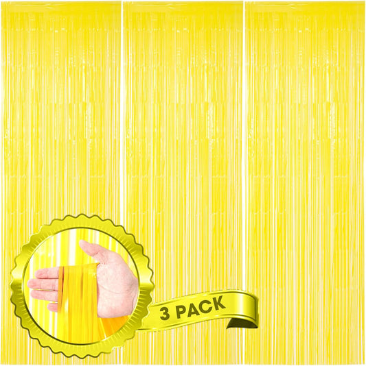 3 Pack 3.3 x 8.2 ft Pastel Yellow Foil Fringe Backdrop Curtains, Tinsel Streamers Birthday Party Decorations, Fringe Backdrop for Graduation, Baby Shower, Gender Reveal, Disco Party