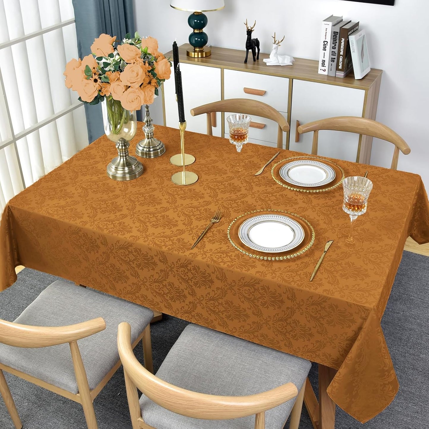 Rectangle Table Cloth - 60 x 84 Inch Brown Jacquard Tablecloths Damask Design Spillproof Wrinkle Resistant Shrinkproof Soft Tablecloth Polyester Oblong Table Cover for Kitchen Dinning Party Tabletop