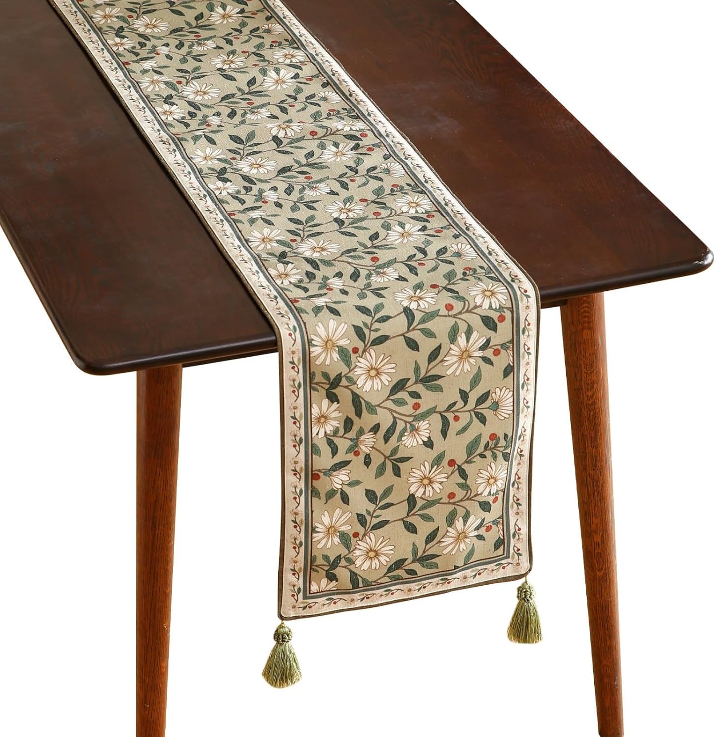 ISAENNE Designer Green Elegant Linen Table Runner 102 Inches Long,Flower and Leaves Pattern Wrinkle Resistant Table Runners for Dining Tables,Thanksgiving,Kitchen Tables,Christmas,12"*102"-Brune