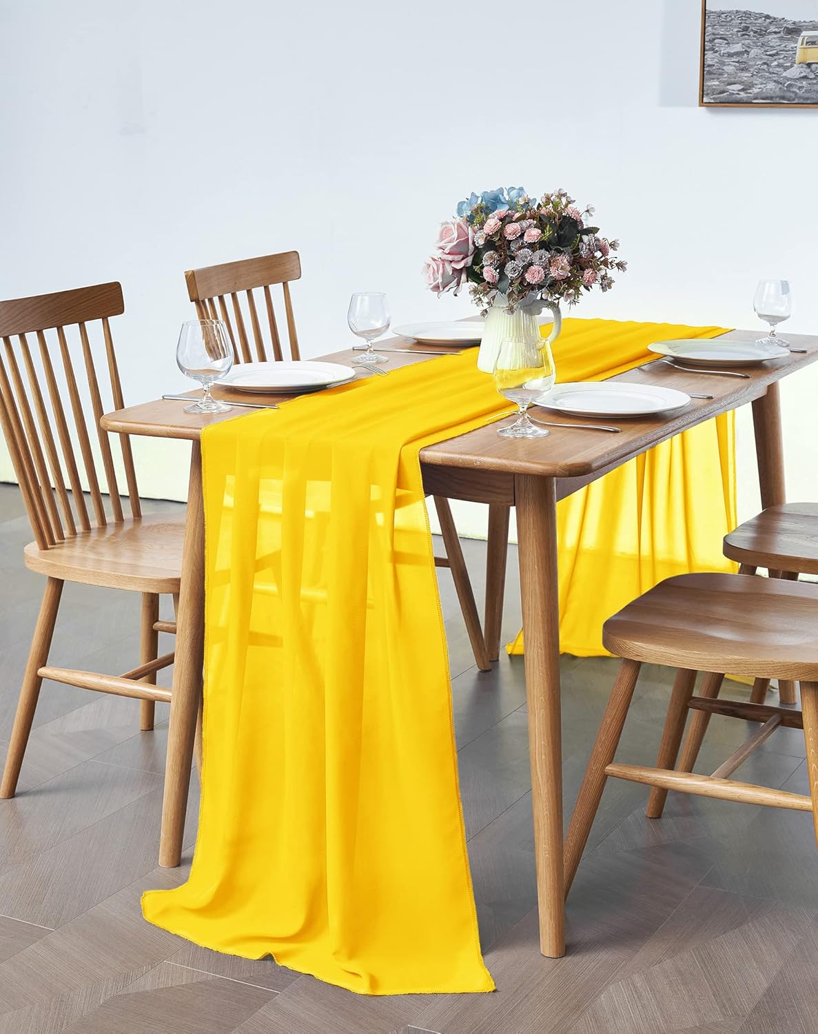 5 Pack 10Ft Chiffon Yellow Table Runner Sheer 29x120 Inch for Romantic Wedding Decor Bridal & Baby Shower Birthday Rustic Party Decoration