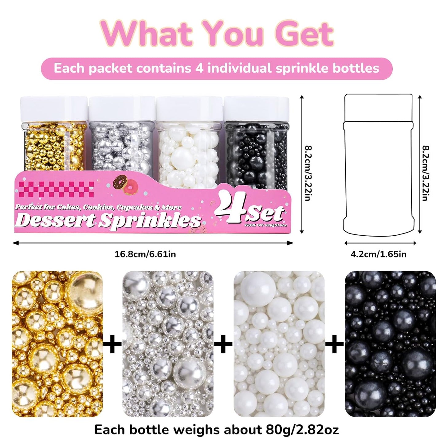 Pearl Sprinkles for Cake Decorating, 11.3 Oz Edible Pearls Sugar 4 Colors Gift Box Set for Baking Cookie Ice Cream Cupcake Toppings