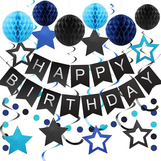 meowtastic Birthday Decorations, Happy Birthday Banner with Honeycomb Ball, Stars Hanging Swirl Streamer, Circle Dots Garland, Happy Birthday Party Decorations for Women Men Boys Girls (Black & Blue)