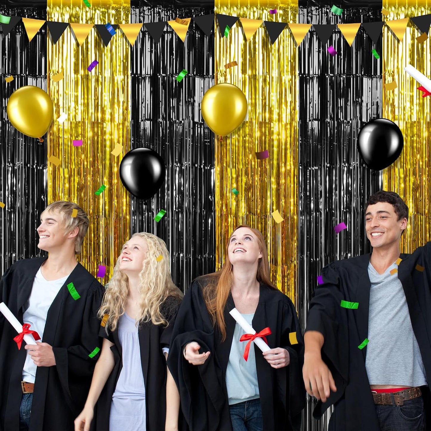 3Pack 3.3Ft x 6.6Ft Graduation Foil Fringe Curtain Backdrop Decorations, Black Gold Metallic Tinsel Foil Streamers Curtain Photo Booth Background for Graduation Prom Wedding Birthday Party Decorations