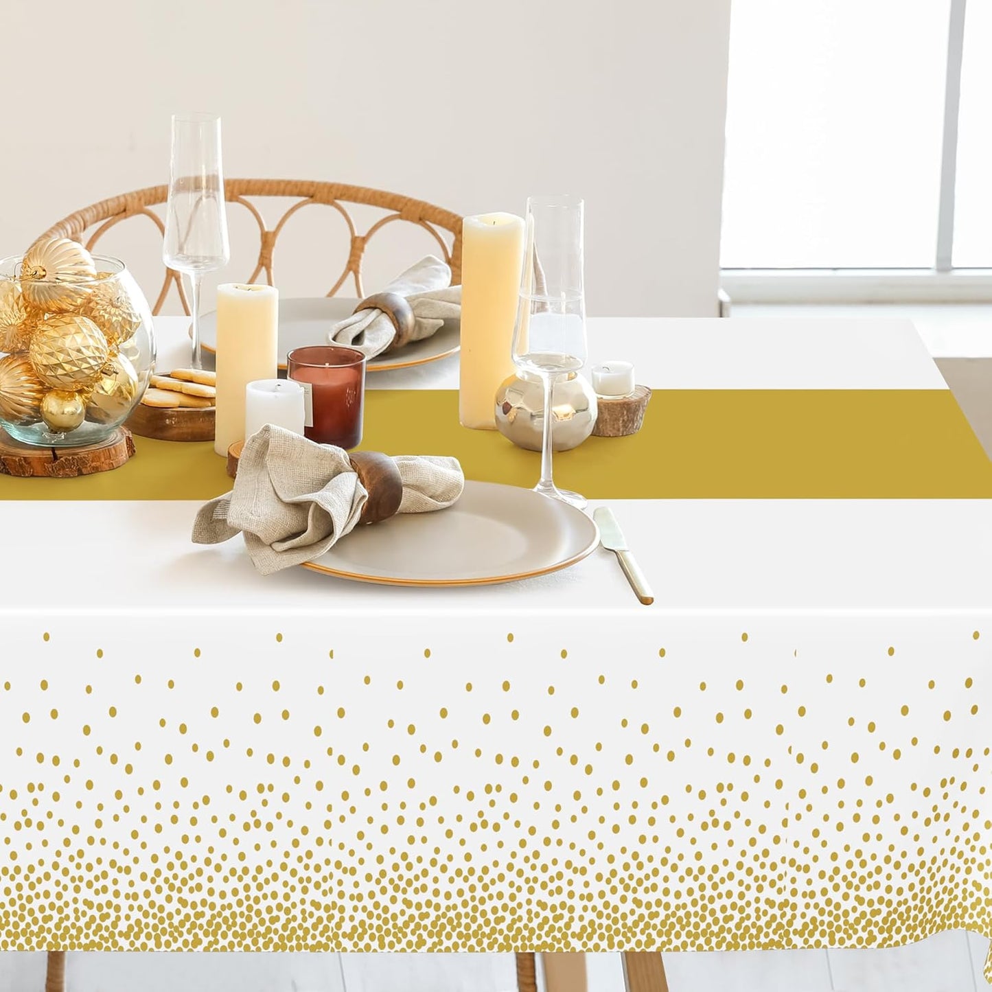 QZYL 12Pack Table Cloth Rectangle Tables, 54" x 108" Disposable Party White Table Cloths with Gold Dot, Waterproof Table Covers for Birthday Outdoor Wedding New Year Eve Birthday Decorations Supplies