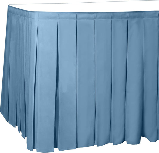 Ultimate Textile Pleat Polyester Fabric Table Skirt - Machine Washable Flame Resistant with Clips for Events, Weddings & Trade Shows, Cut & Sewn in Paterson, NJ - Light Blue, 7' Box Pleat