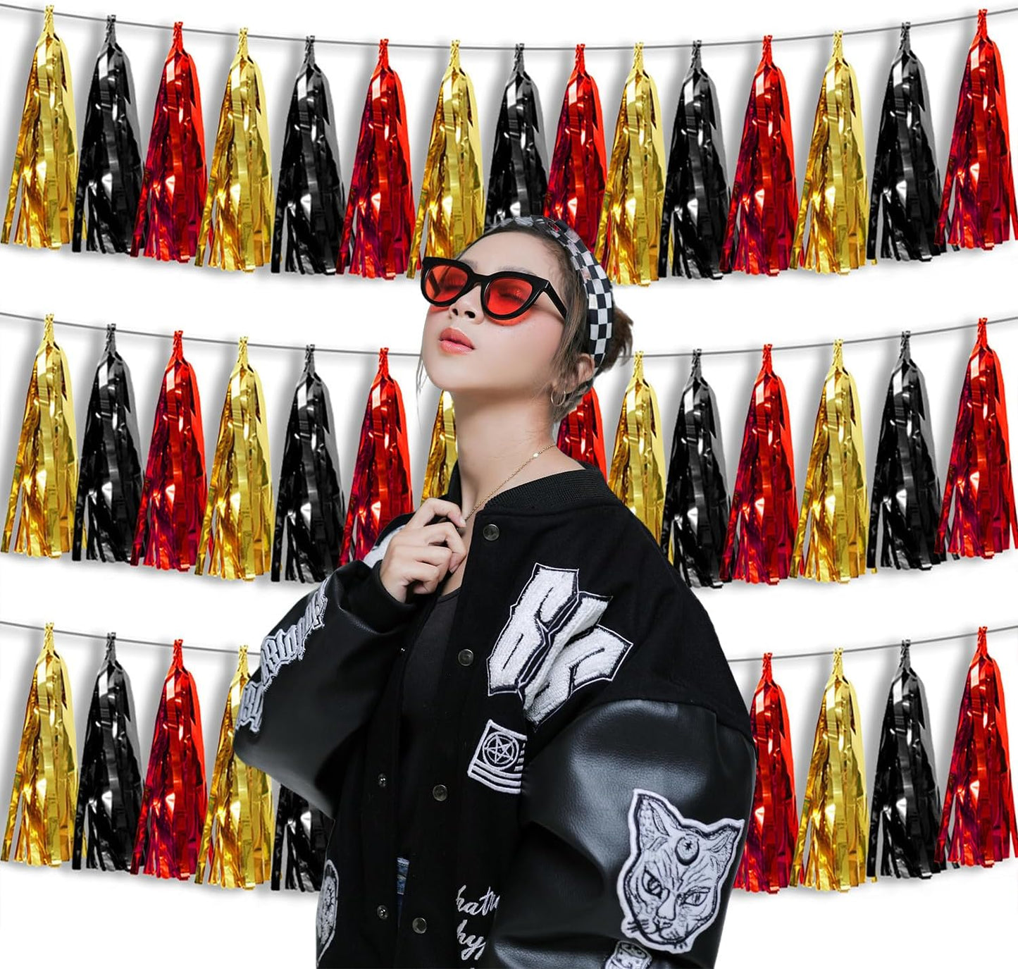 3P Metallic Fringe Banner Garland Foil Tinsel Streamer Wall Hanging Curtain Backdrop Banners for Parade Floats Graduation Decorations, Baby Bridal Shower Party Decoration(Red-Black Gold)