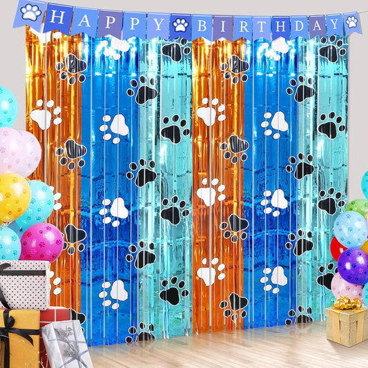 2 Pack 3.3X6.6Ft Blue Dog Foil Fringe Curtains Backdrop Decorations, Orange and Blue Paw Printed Birthday Tinsel Metallic Streamers Photo Booth Backdrop for Dog Theme Birthday Party Supplies