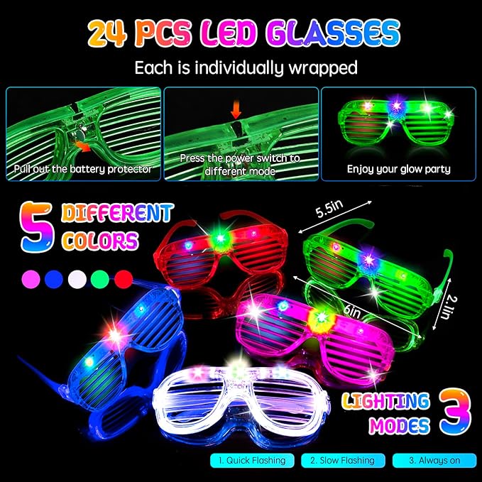 yuzshin 272PCS Glow in the Dark Party Supplies, Glow Sticks Bulk Party Pack, 24PCS Foam Glow Sticks, LED Glasses, LED Light Up Rings and 200PCS Glow Stick for Neon Party Decorations, Wedding
