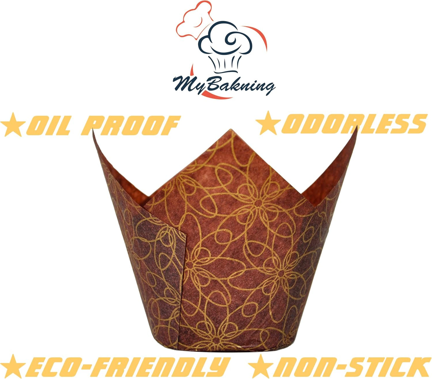 (JUMBO Large size) Brown Golden pattern Tulip Baking Cups 2-1/4"(Base diameter) x 3-3/4"(Wall height) Greaseproof paper Muffin liners, Case of 130 pcs