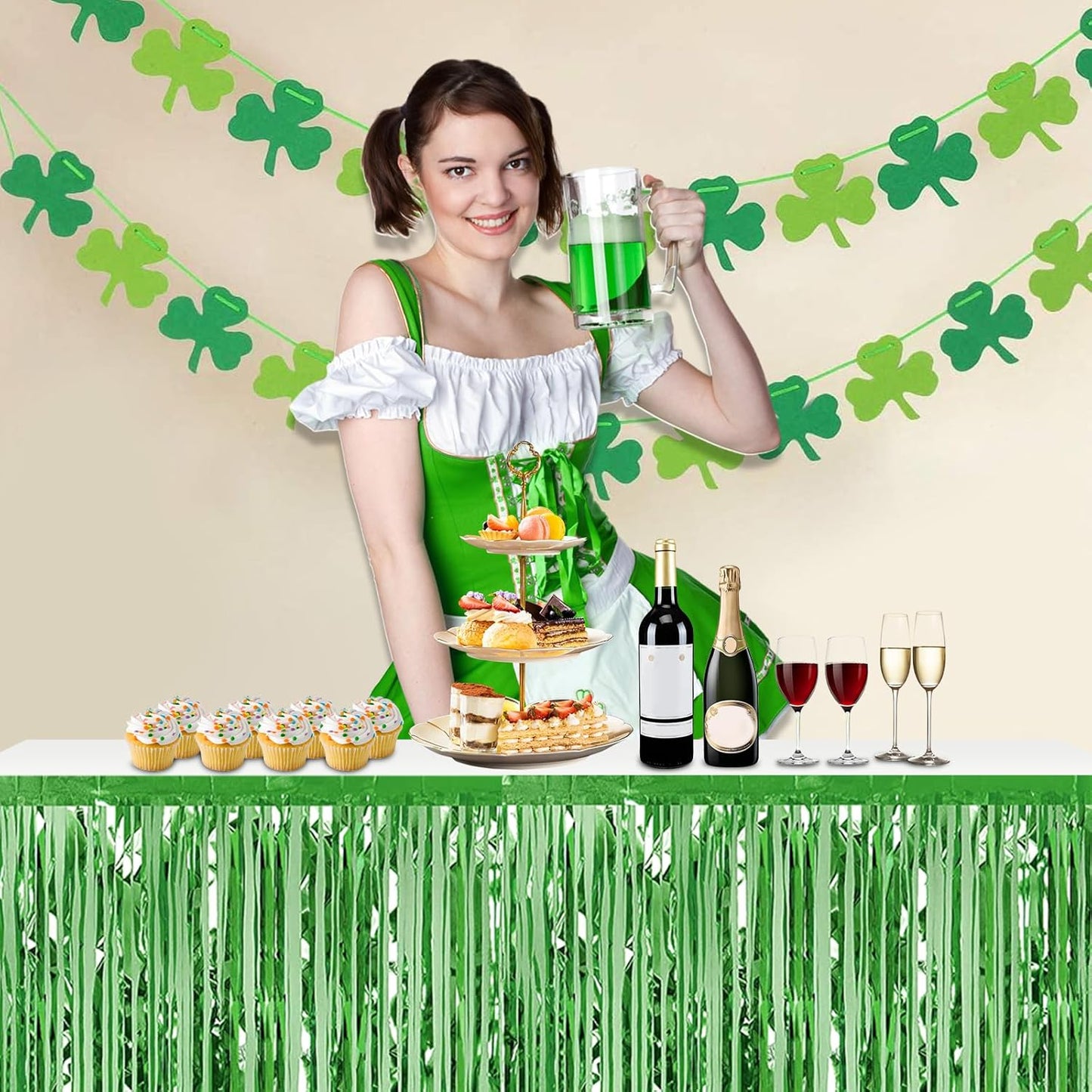 3 Pack 29x108 Inch Light Green Foil Fringe Table Skirts Metallic Banner for Tinsel Streamer Garland Backdrop for Parade Floats Wedding Thanksgiving Birthday Christmas Halloween Party Decoration