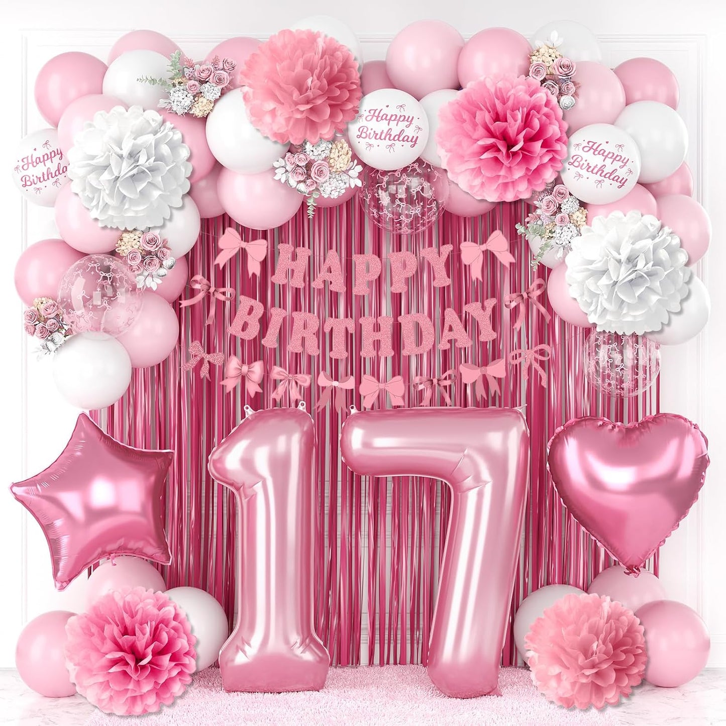 17th Birthday Decorations for Girls Pink Number 17 Balloon Bow Coquette Happy Birthday Banner Fringe Curtain Paper Pom Poms Star Heart Foil Pink White Balloons 17 Year Old Party Decor for Her