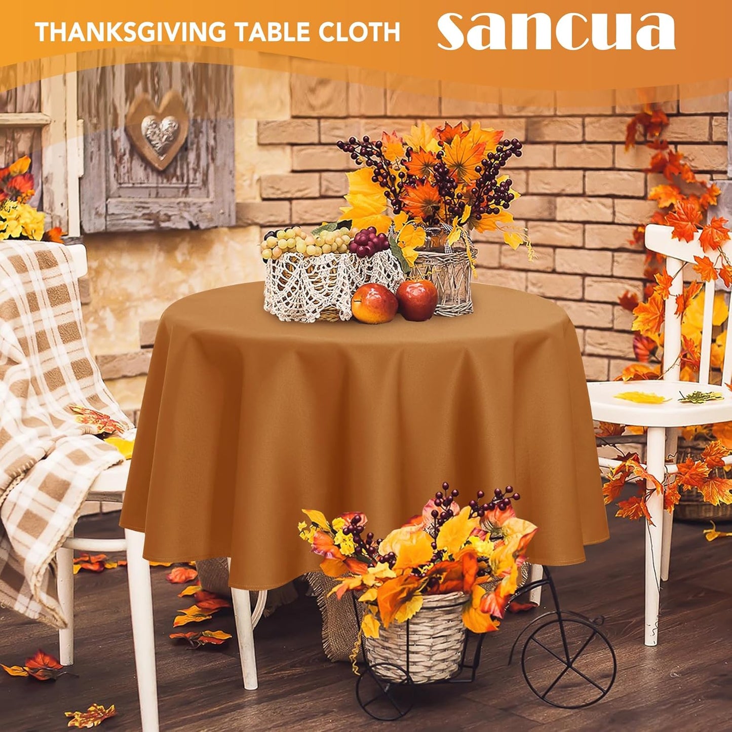 sancua Round Tablecloth 60 Inch(Fits 20-48 Inch Tables) - Water Resistant Spill Proof Washable Polyester Fall Table Cloth Decorative Fabric Table Cover for Dining Tables Thanksgiving Parties, Bronze