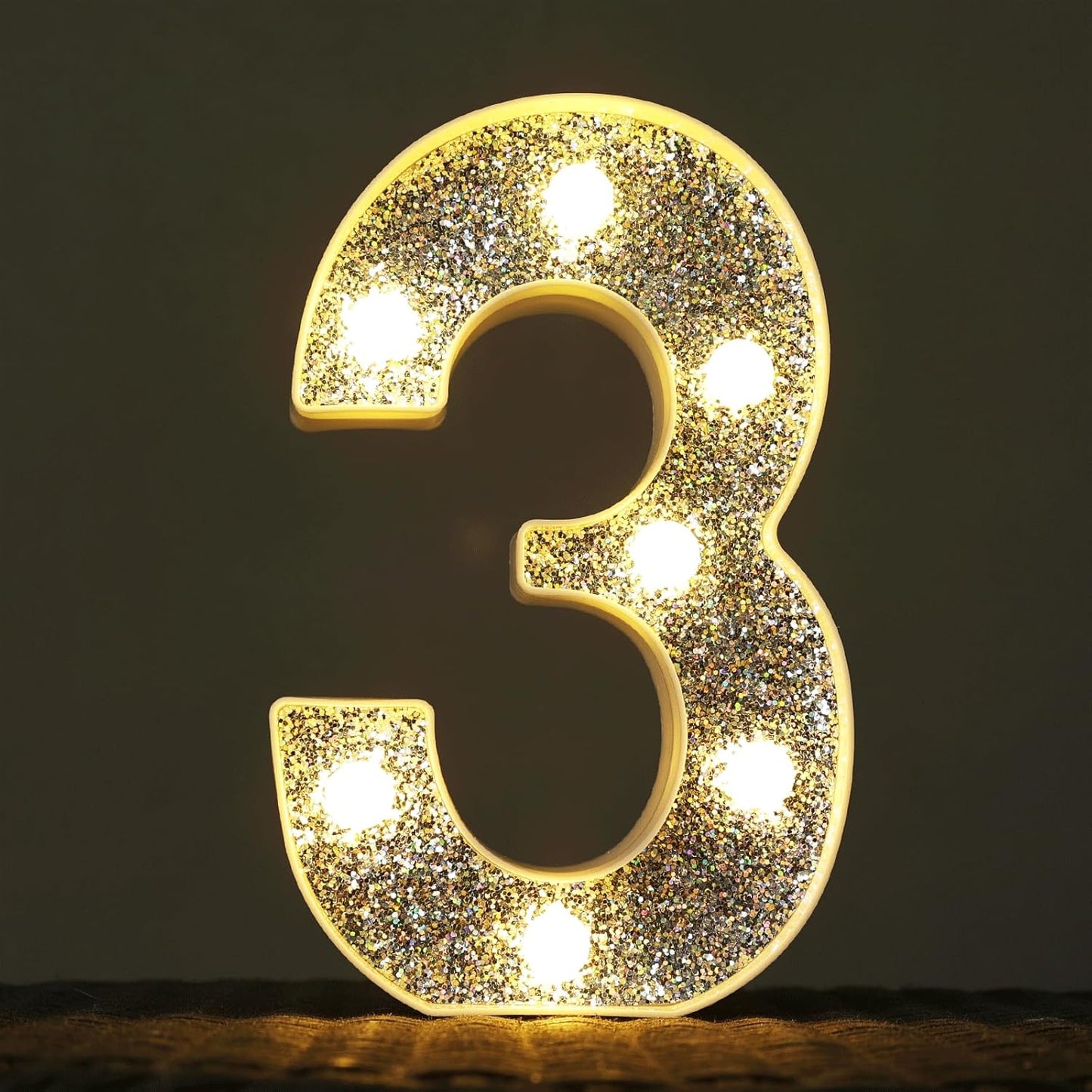 Marquee Light Letters for Table Decorations, Glitter Light Up Signs for Prom, Events, or Engagement Party Decor, Featuring Alphabet & Number Lighted Letters, Number 3