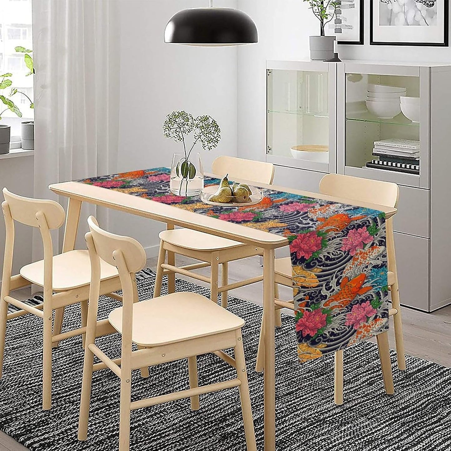 Japanese Retro Flowers Table Runner Oriental Tradition Kio Fish Art Printed Burlap Runner Home Kitchen Dining Table Living Room Decor Fabric 1 Panel W13xL90in