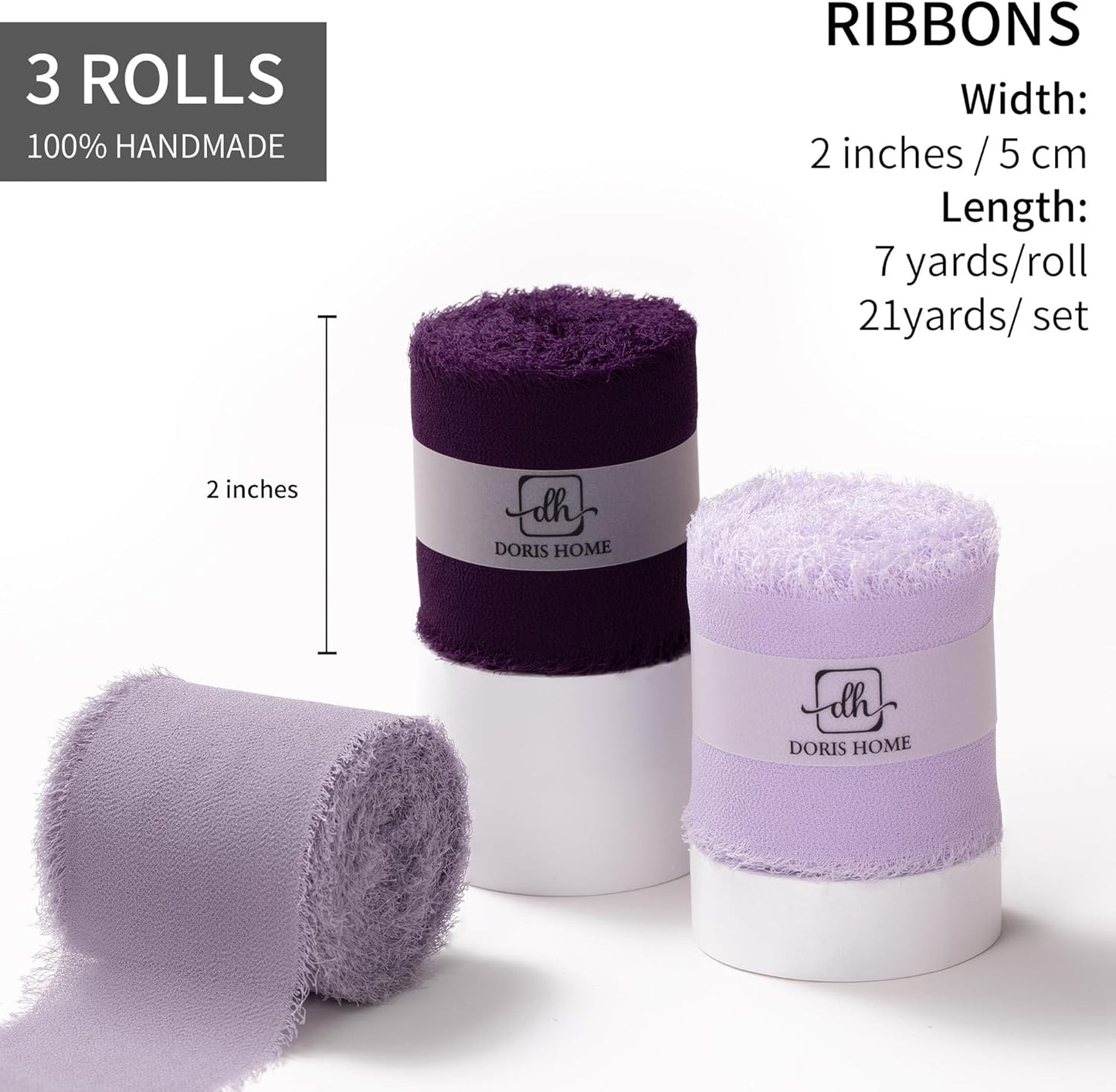 DORIS HOME 2" x21Yd Chiffon Ribbon for Flower Bouquet, Purple Series Fabric Ribbon for Gift Wrapping, Handmade Frayed Ribbon for Wedding/Christmas Decorations