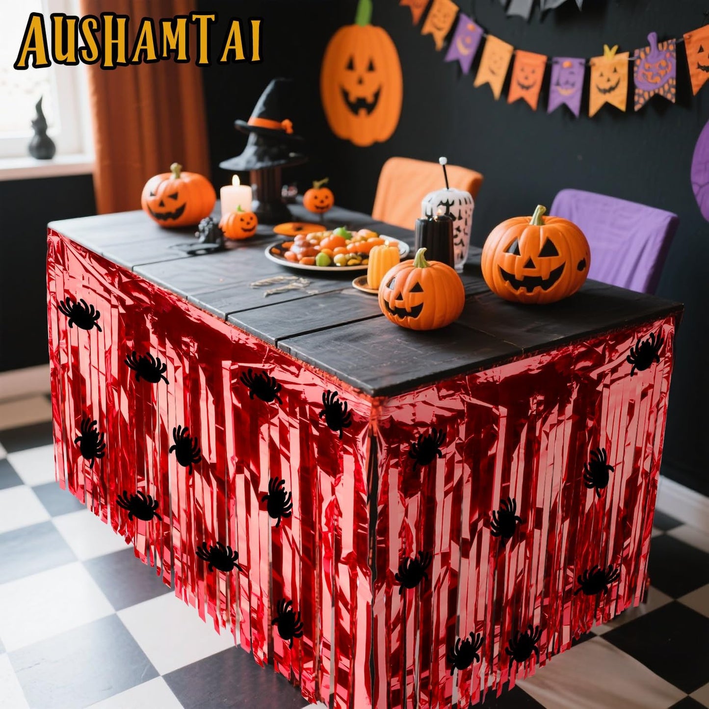 28x106 Inch Red Sequin Tablecloth for Halloween Decorations, Metallic Tinsel Foil Fringe Table Skirt, Rectangle or Round Tables Decor, Table Cover, Spider Decorations for Halloween Party
