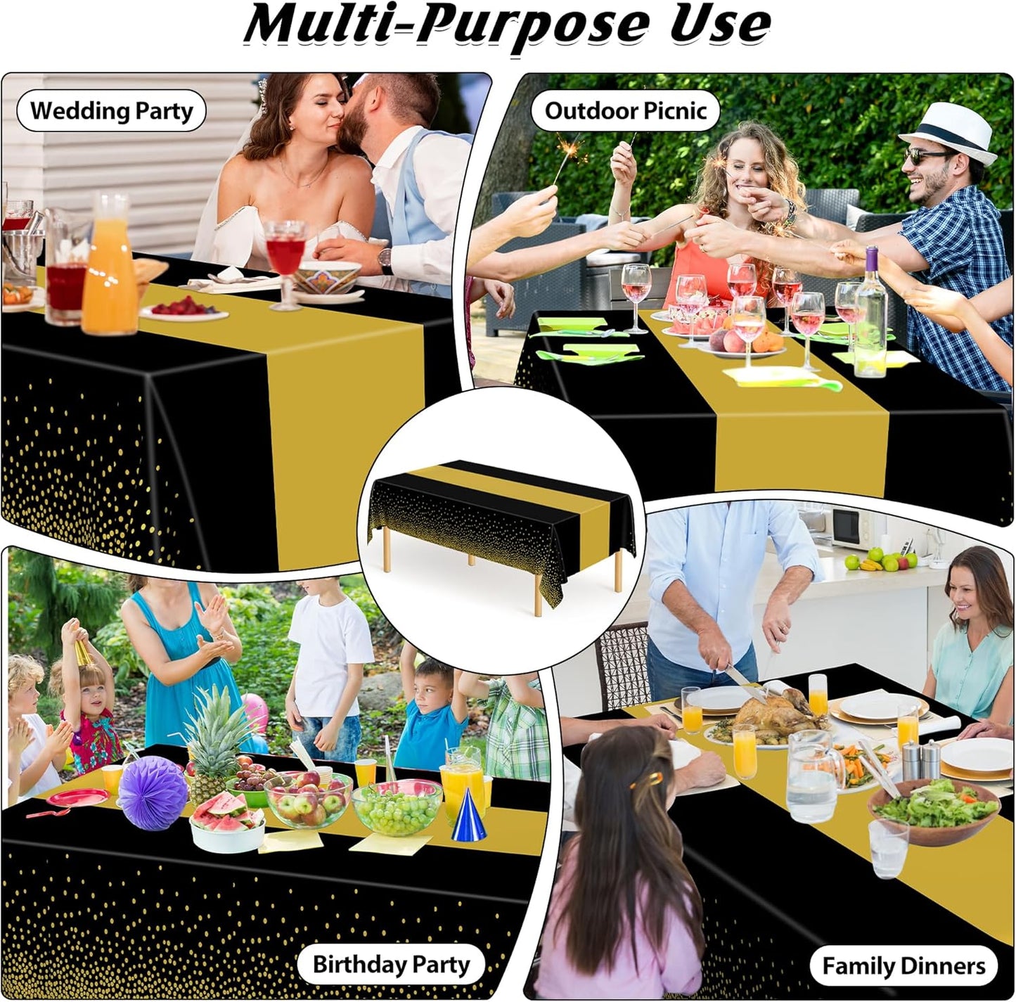 QZYL 12Pack Plastic Table Cloth Disposable, 54" x 108" Waterproof Black Table Cloths with Gold Dots, Outdoor Tablecloth for Rectangle, Table Cloth Cover for New Years Eve Decorations Holiday Birthday