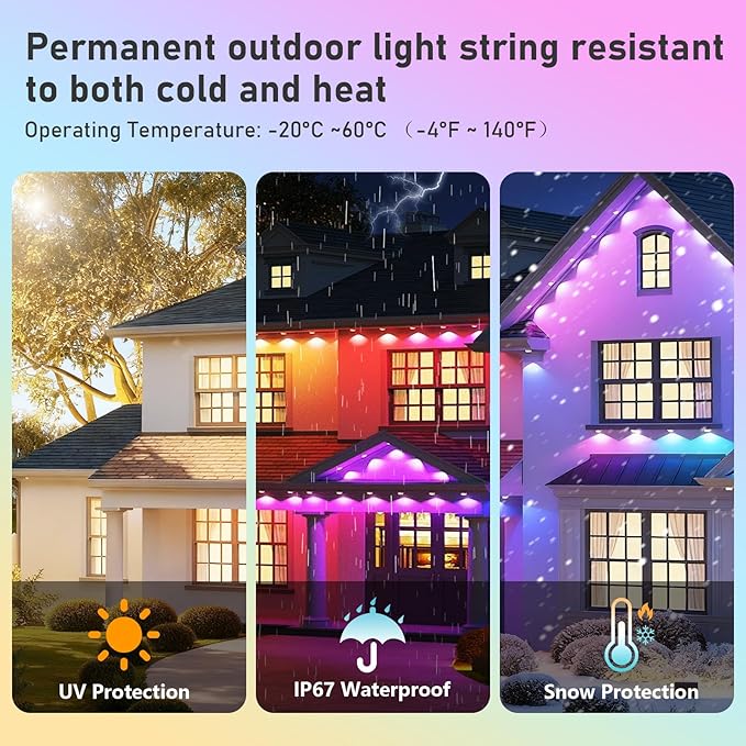 200FT Christmas Permanent Outdoor Lights,RGB+IC Eaves Lights with App & Remote Control,DIY Multi-Color Scene Modes,IP67 Waterproof,Outdoor Strings for House,Holiday Decorations for Christmas