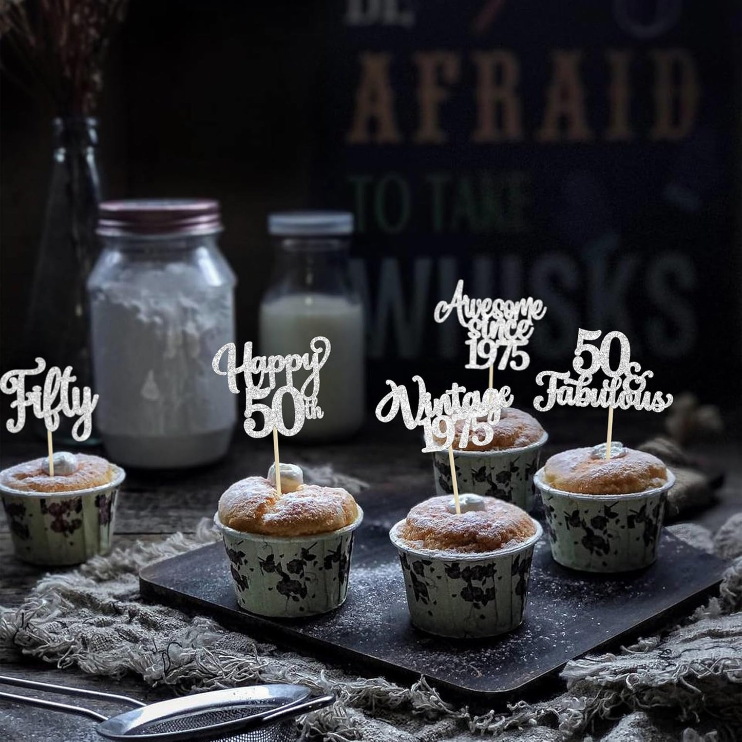 30Pcs Happy 50th Birthday Cupcake Toppers Glitter Fifty Vintage 1975 Cupcake Picks Cheers to 50 Fabulous Cake Decorations for 50th Birthday Wedding Anniversary Party Supplies Silver