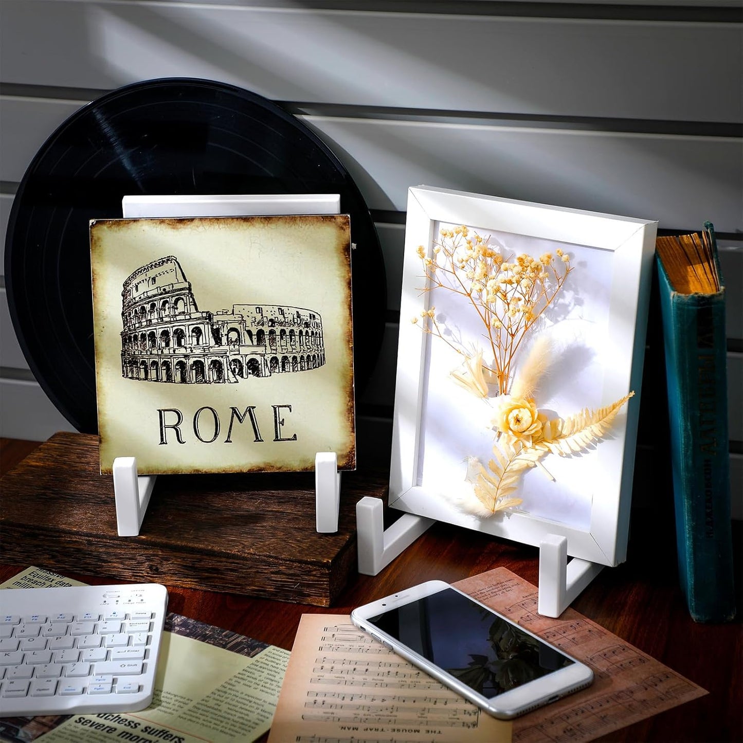 Sweetude 2 Pcs Large Plate Stands for Display Metal Frame Plate Holder Display Stand Decorative Table Top Easels for Picture, Book, Platter, Photo Easel(White,8 Inch)