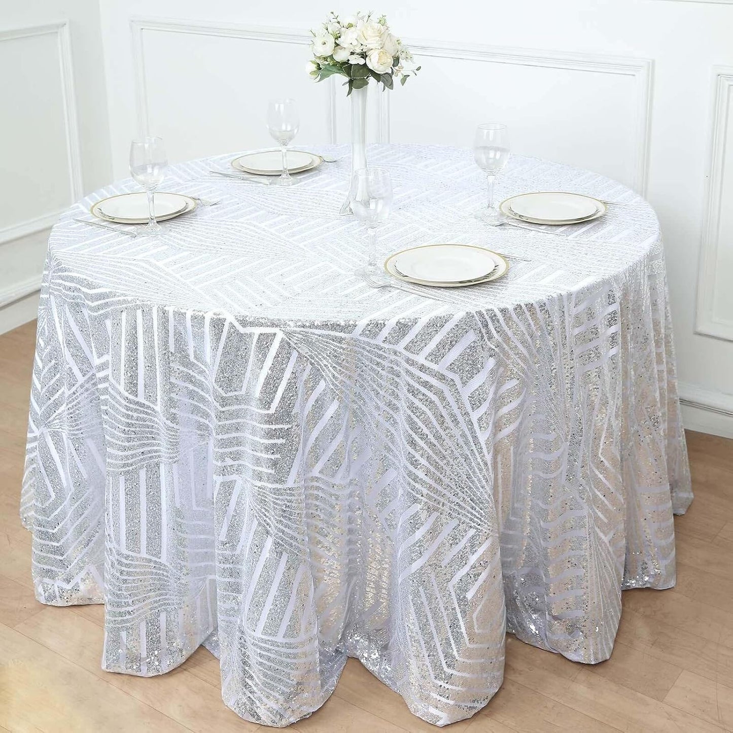 Efavormart 120" Silver Sparkly Sequin Geometric Tulle Round Tablecloth