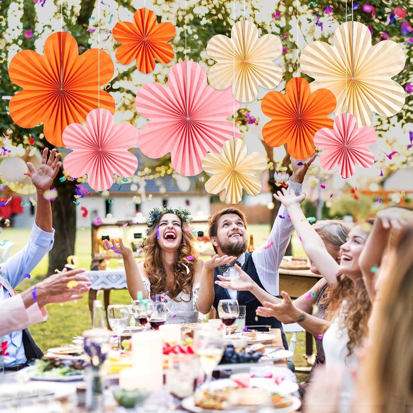 SUNBEAUTY Paper Flowers Decorations for Wall Paper Fans Classroom Decoration Paper Floral Backdrop Decor Paper Fans Decoration Hanging Paper Fans Orange Flower Wall Decor,Set of 9