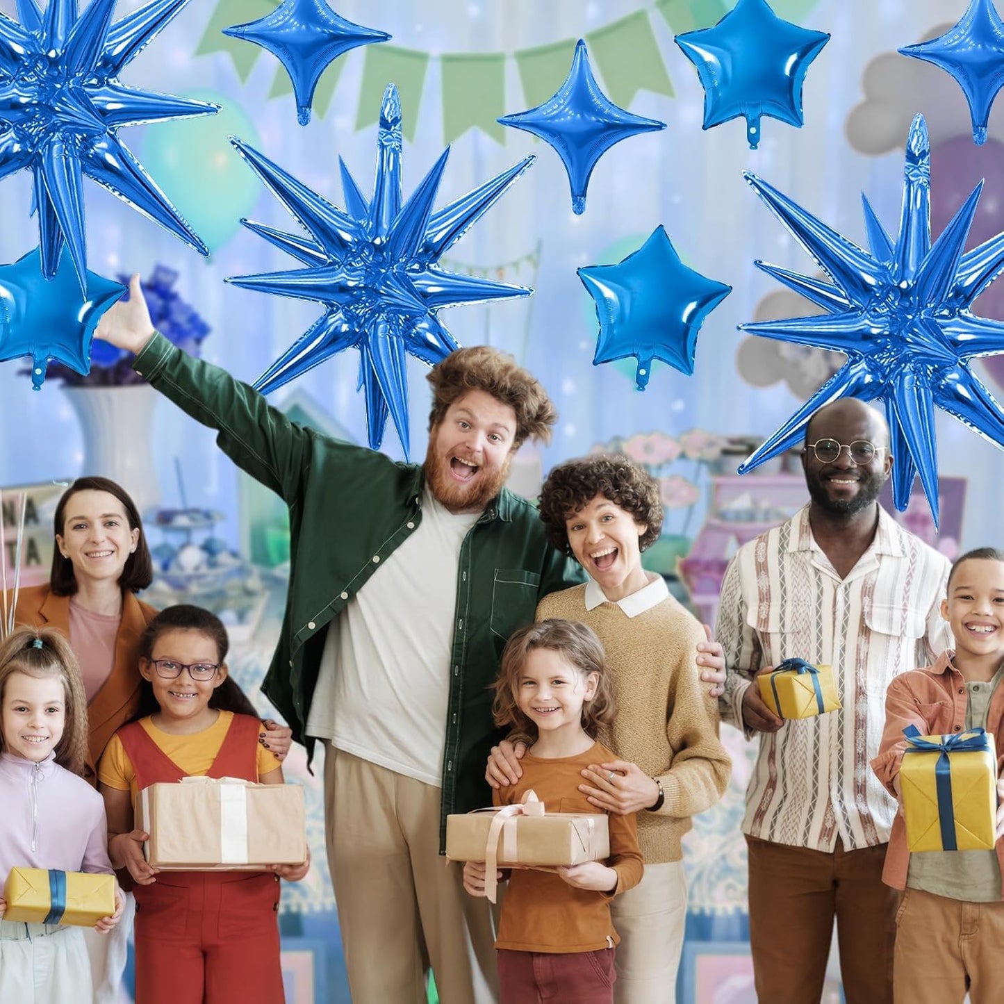 Blue Star Balloon,16Pcs Star Foil Balloons Set with 22Inch Explosion Spike Cone Balloons and 10Inch Quadrangle Helium Balloon for Birthday Wedding Baby Shower Party Decorations