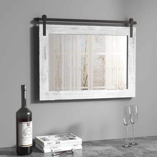 COGOOD Farmhouse Barn Door Mirror - 25 x 18 Rustic Wood Framed Decrative Mirror for Bathroom, Living Room, Entryway Wall Decor (White)