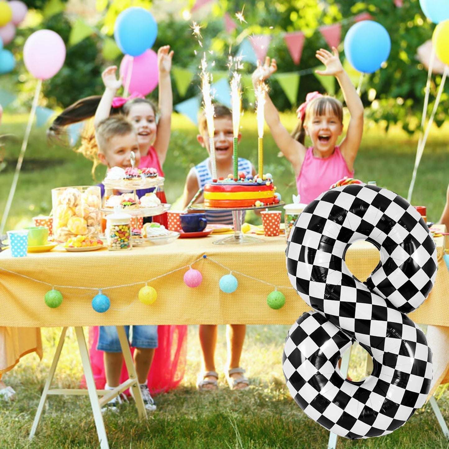 40 Inch Checkered Number 8 Balloon - Race Flag Pattern Big Helium Balloon for Birthday Party Decorations - Black & White Balloon for Kids Adults Party Supplies (Racing Car, Number 8)