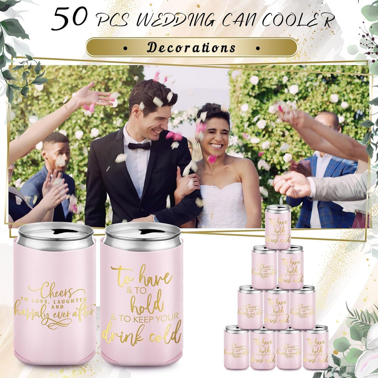 50 Pieces Pink Rose Wedding Can Cooler Bulk Engagement Party Favors for Guests Cheers to Love Laughter and Happily Ever After Rehearsal Dinner Decorations for Wedding Bridal Party