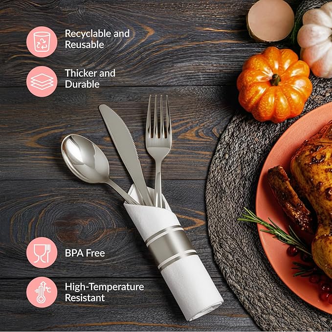 Prestee 25 Plastic Silverware Set, Pre-Rolled - 100pc Disposable Flatware with Forks, Knives, Spoons and White Napkins - Dinner Utensil Sets for Catering Supplies Buffet Display, Parties and Weddings