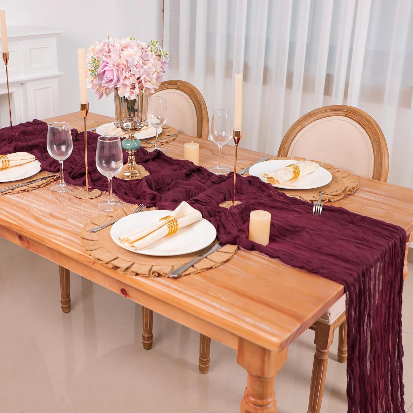 Snowkingdom 10 Ft Burgundy Red Fall Thanksgiving Cheesecloth Table Runner, Cheese Cloth Boho Rustic Gauze Runner for Wedding Bridal Baby Shower Birthday Christmas Sheer Home Table Decorations