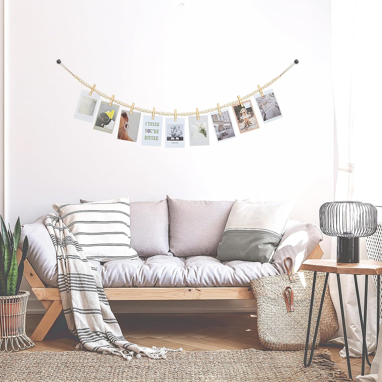 Hanging Photo Display Wall Decor, Boho Wooden Bead Garland Collage Picture Frame with 9 Wood Clips for Bedroom, Living Room, Office, Dorm Decor, Photos Holder Christmas Cards Teen Girl Gifts