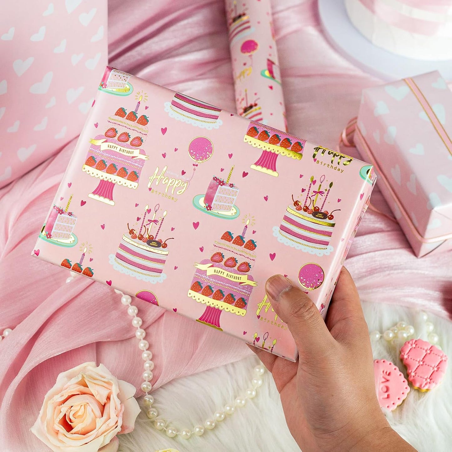 Yarcony Girls Birthday Wrapping Paper Roll, Pink Gift Wrapping Paper,Metallic Foil Pink Cartoon-Style Birthday Cakes Gift Wrap for Kid Party,Baby Shower,Wedding, Holiday,Christmas(17 Inch X 33 Feet)