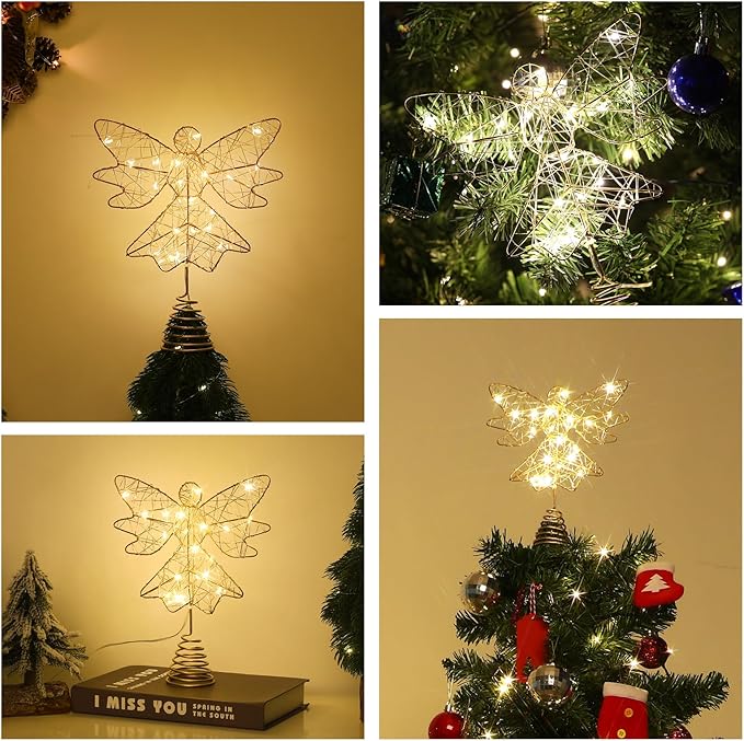 Lewondr Christmas Tree Topper Angel, USB Powered Remote Controlled 9.8 Inch Glittering Angel Christmas Tree Topper, 6H Timer Christmas Tree Angel Topper with Lights for Xmas Home Holiday Party, Gold