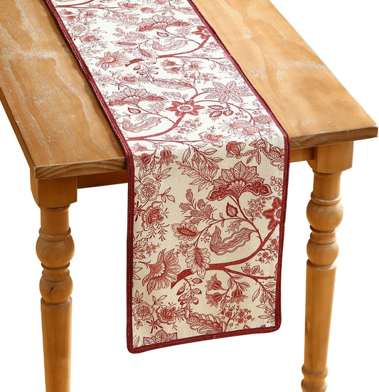 ISAENNE Designer Chinoiserie Elegant Linen Table Runner 102 Inches Long,Red Floral Pattern Decor Table Runners for Thanksgiving,Dining Room,Banquet,Kitchen Tables,Christmas,12"*102"-Ruyi A