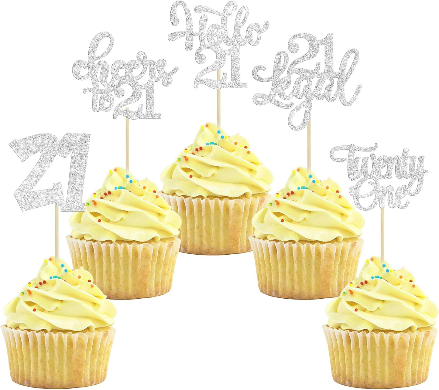30pcs 21st Birthday Cupcake Toppers - Twenty One Legal 21st Cupcake Picks - Cheers to 21 Years Old - Silver Glitter Cake Decorations
