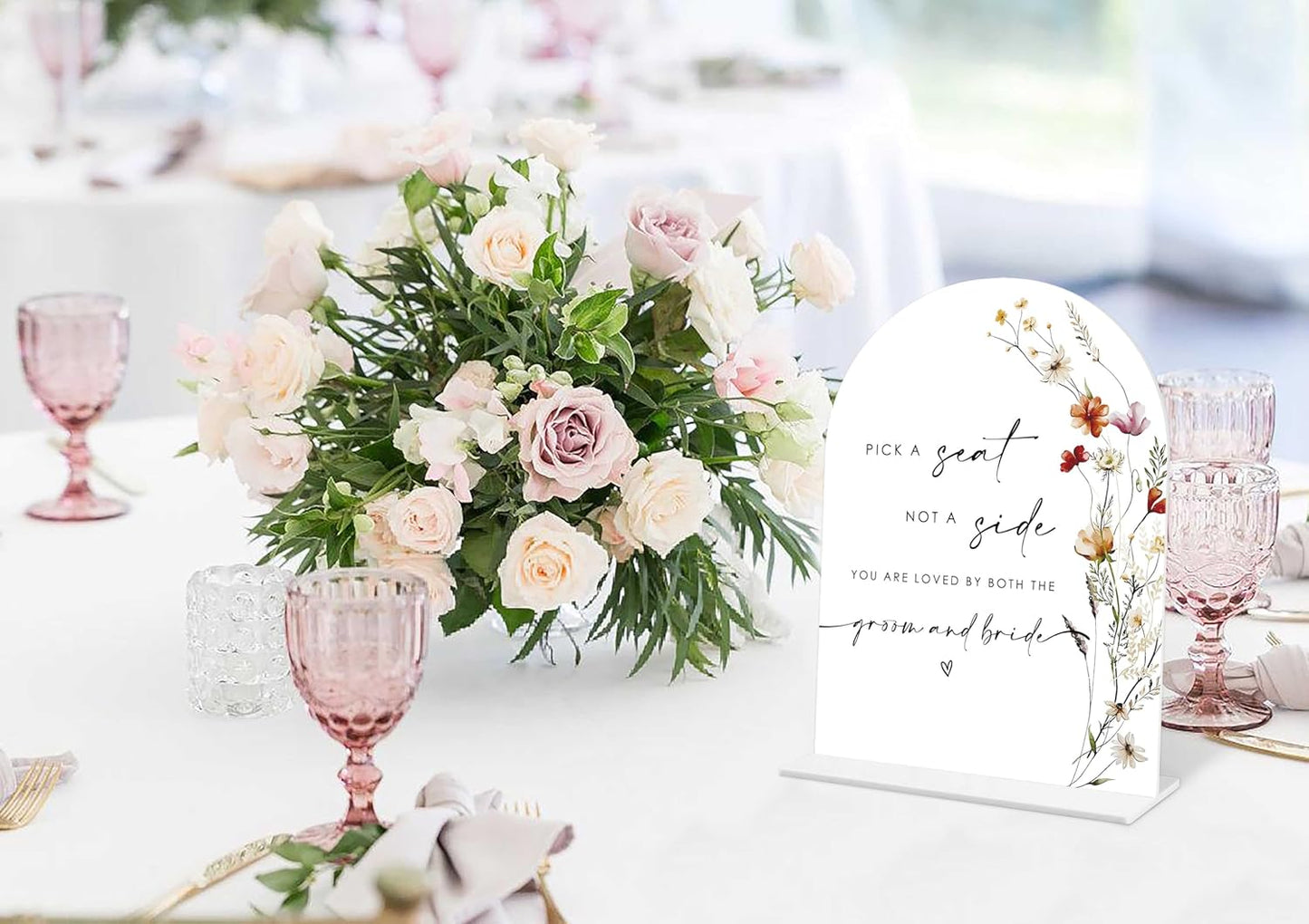 Boho Floral Pick a Seat Not a Side Sign, 6 x 8 Inch White Arch Acrylic Wedding Sign with Holder, Wedding Sign for Ceremony and Reception, Wedding Decoration, Wedding Supplies - BX18