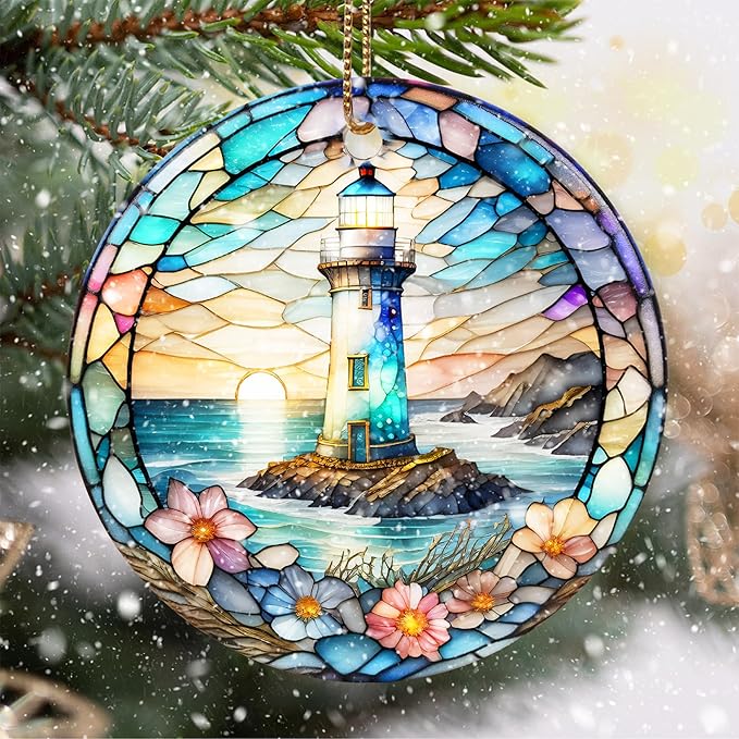 Stained Ceramic Lighthouse Ornament - Christmas Tree Ornaments - Christmas Decorations - Lighthouse Decor for Office, Room, Home - Holiday Present Ideas
