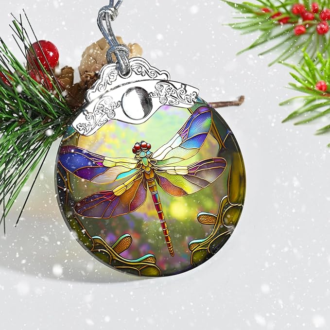 Stained Glass Christmas Ornament, Jocidea Dragonfly Christmas Decorations, Christmas Tree Ornament, Dragonfly Lovers Gifts, Holiday Decor and Xmas Gifts Ideas
