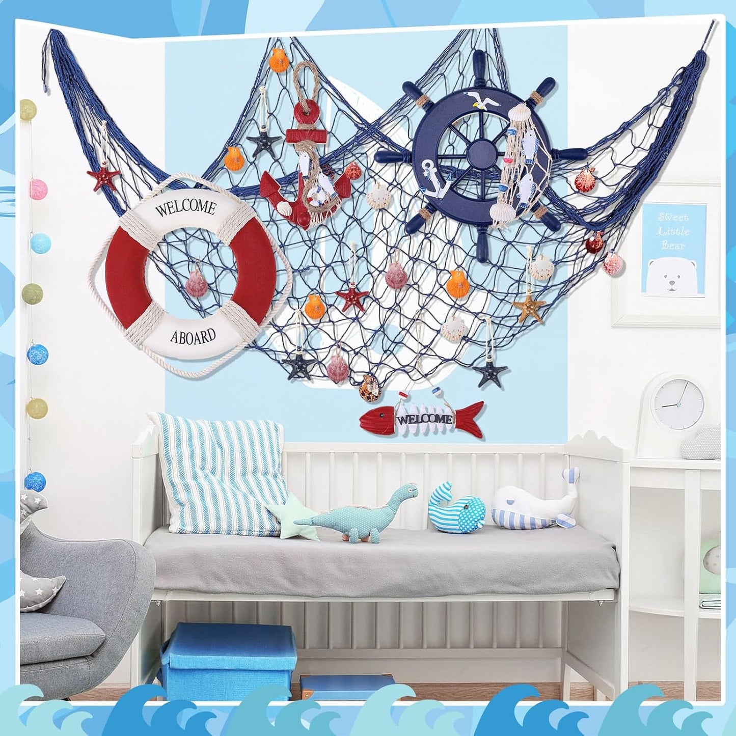 Marsui 11 Pcs Wooden Nautical Wall Decor Fishing Net Decoration, Include Decorative Fishing Net, Ship wheel, Fish Skeleton, Life Ring, Anchor, Starfish Beach Decor for Mediterranean Party (Retro Red)