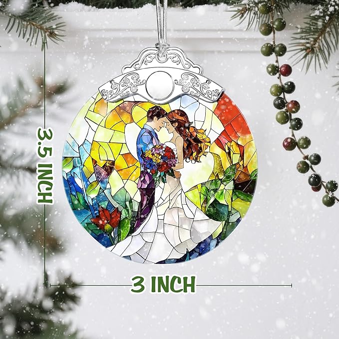 Stained Glass Romantic Couple Wedding Ornament, Christmas Ornaments – Christmas Tree Ornament, Holiday Decor, Xmas Stocking Stuffers, Gift Idea, Gifts for Couple, Newlywed, and Lover