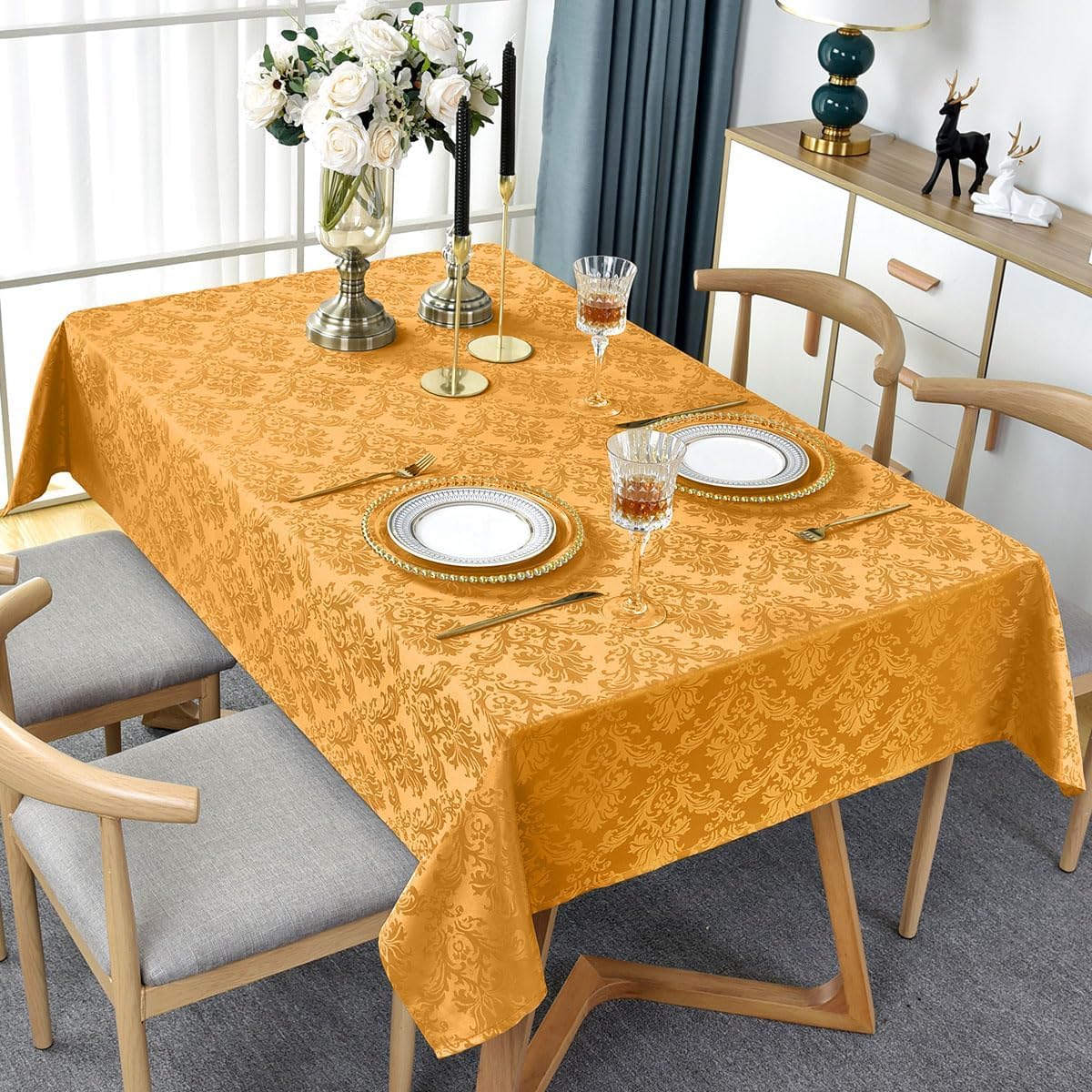 SASTYBALE Fall Jacquard Tablecloth Square 52 x 52 Inch, Spill Proof Washable Autumn Damask Table Cloth, Polyester Fabric Table Cover for Thanksgiving, Harvest, Holiday, Amber
