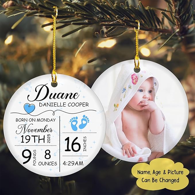 Personalized Baby's Birth Stats Ornament - Baby's First Christmas Ornaments - Custom Photo Ceramic Ornament - Baby Announcement Ceramic Hanging Decor - Xmas Home Decorations