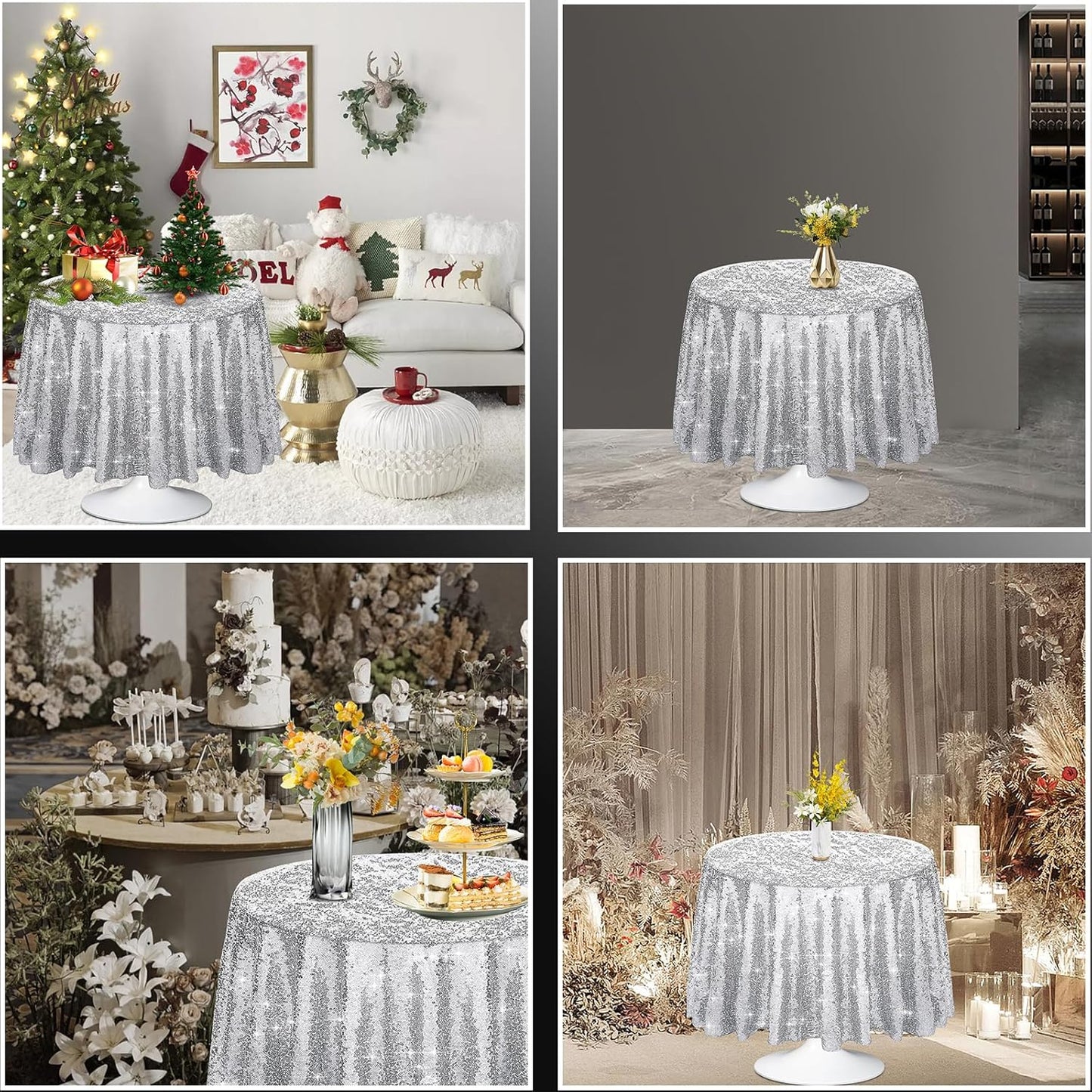 6 Pcs Silver Sequin Tablecloth 50Inch Silver Round Tablecloth Overlay Round Table Cloth Silvers Glitter Tablecloth Round Sparkly Drape Tables Cloth for Wedding Party Cake Holiday Banquet