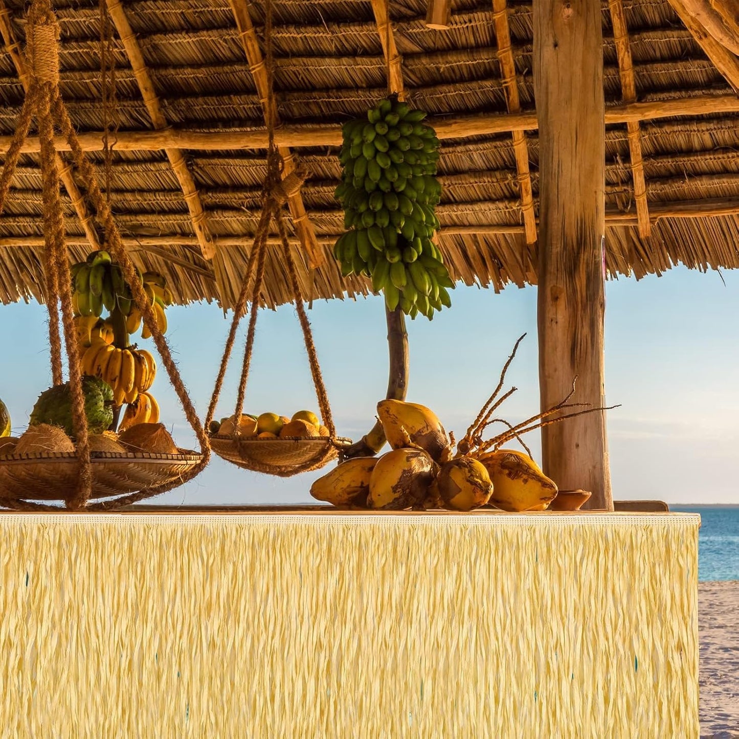 Fovths 1 Pack Luau Grass Table Skirt Fringe Straw Grass Skirt 108 x 30 Inch Hibiscus Hawaiian Table Skirts Rectangle Tropical Luau Party Decorations for Hawaiian Luau Decorations