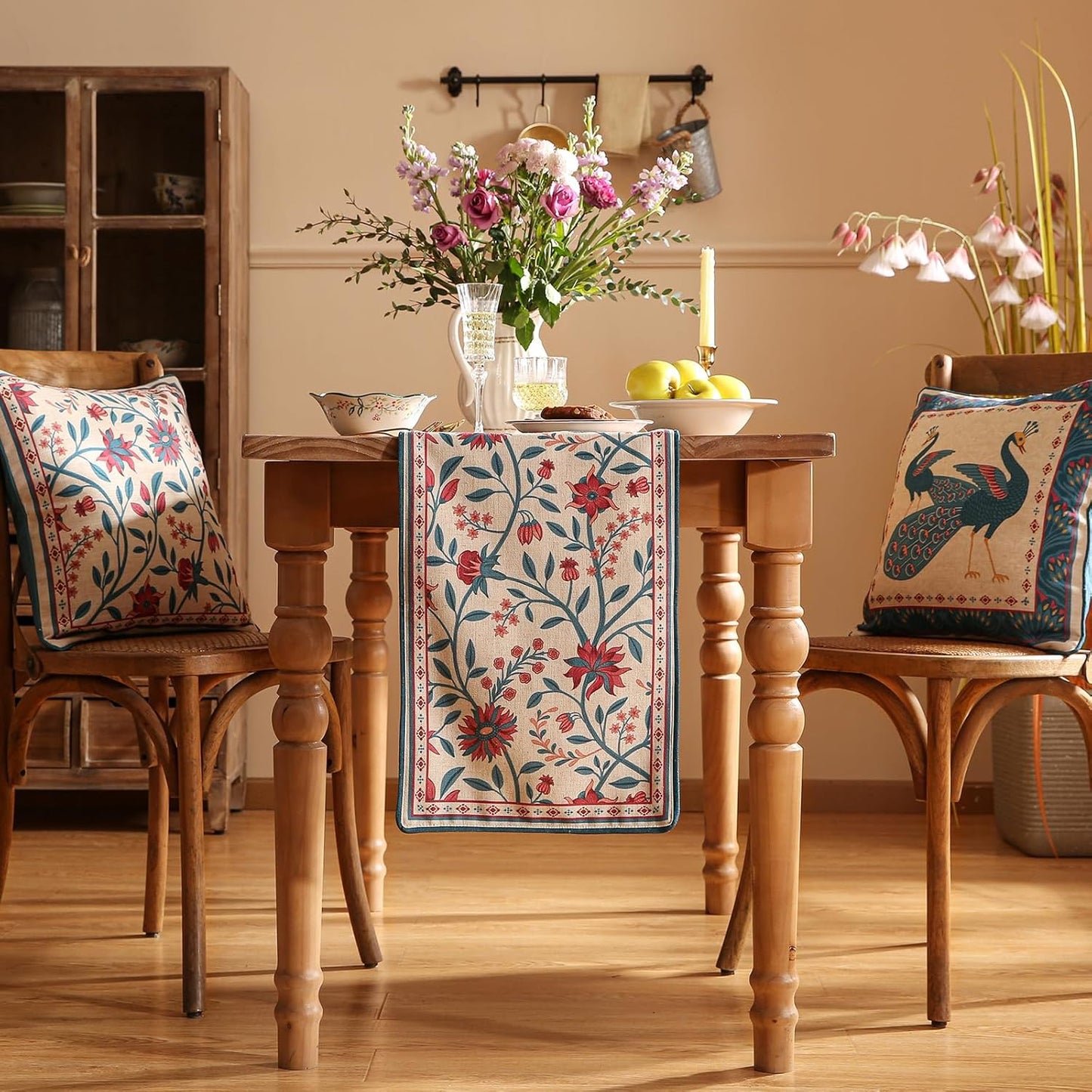 Farmhouse Berry Red Floral Small Table Runner for Table,Decorative Linen 63 Inches Long French Table Runners,Decor Tabletop for Kitchen,Dining,Party,Home,Christmas,12"*63"