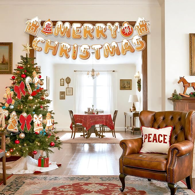 Merry Christmas Banner Gingerbread Christmas Hanging Decoration 3PCS Gingerbread Theme Garland Banner for Holiday Home Office Fireplace Wall Decor Outdoor Indoor Xmas Party Banner