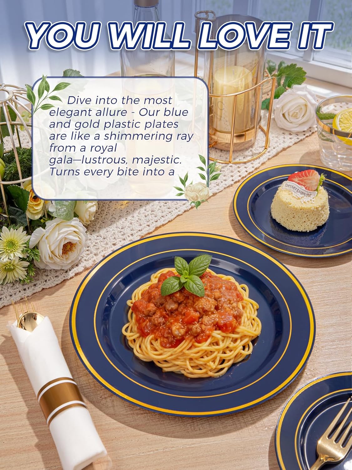 350PCS Blue and Gold Plastic Plates - Navy Blue Plastic Plates with Rolled Napkins - Include 25 Dinner Plate 10’’, 25 Dessert Plate 7’’, 25 gold Cups 9 OZ, 25 Pre Rolled Napkins for Party/Wedding